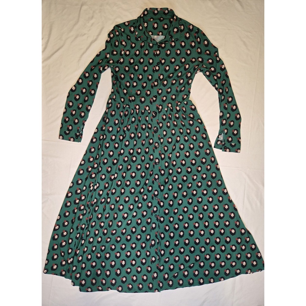 Womens Green Novelty Print Shirt Dress Button Front Long Sleeve Fit Flare Small